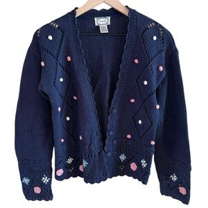 Vintage 62 East Women’s Medium Knit Cardigan Navy Blue Pom Poms